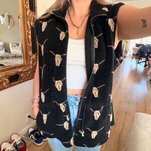 Vintage Western Longhorn Print Fleece Vest with Themed Hardware